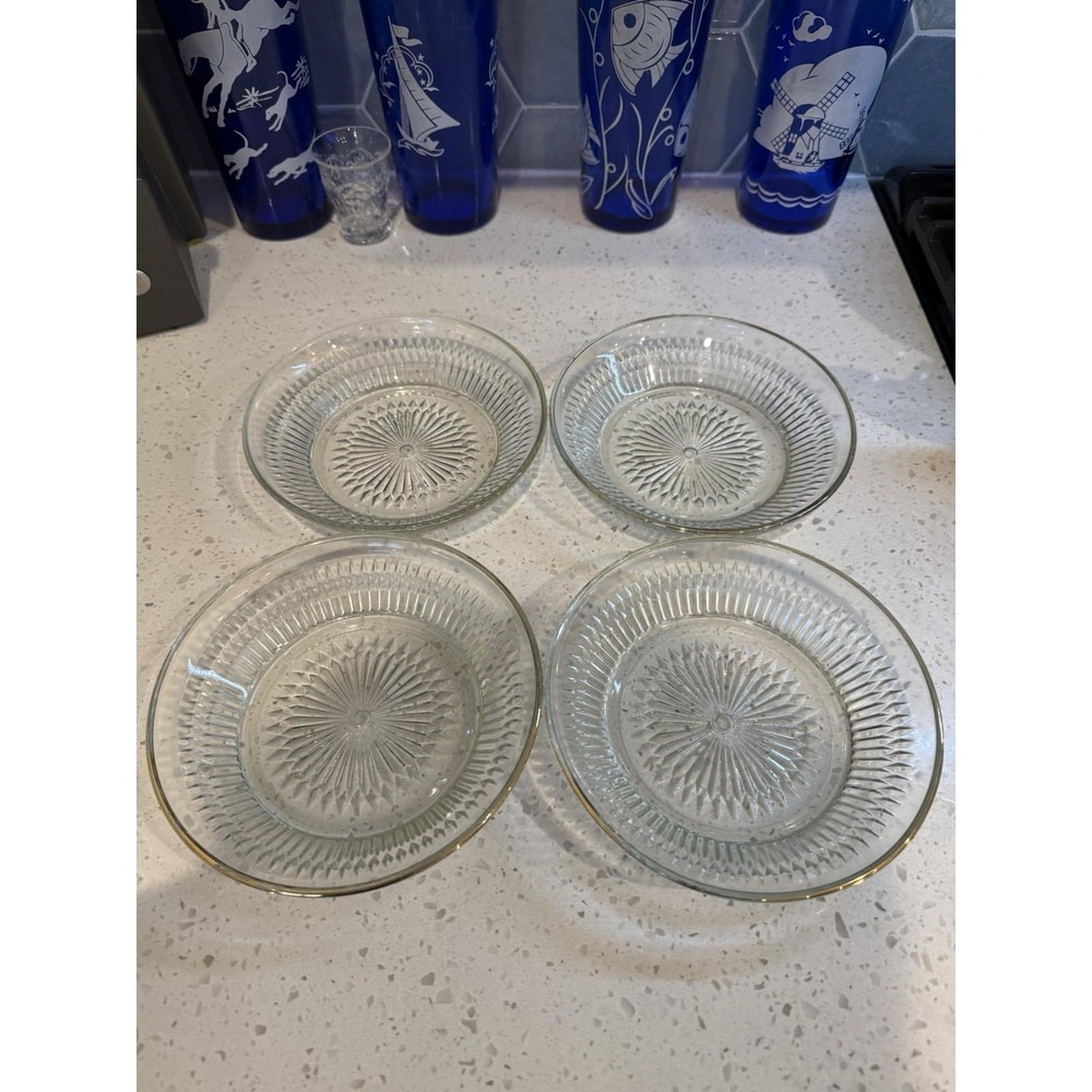FOUR Jeannette Anniversary Crystal Clear 6 1/2" Flat Soup Bowl Depression Glass